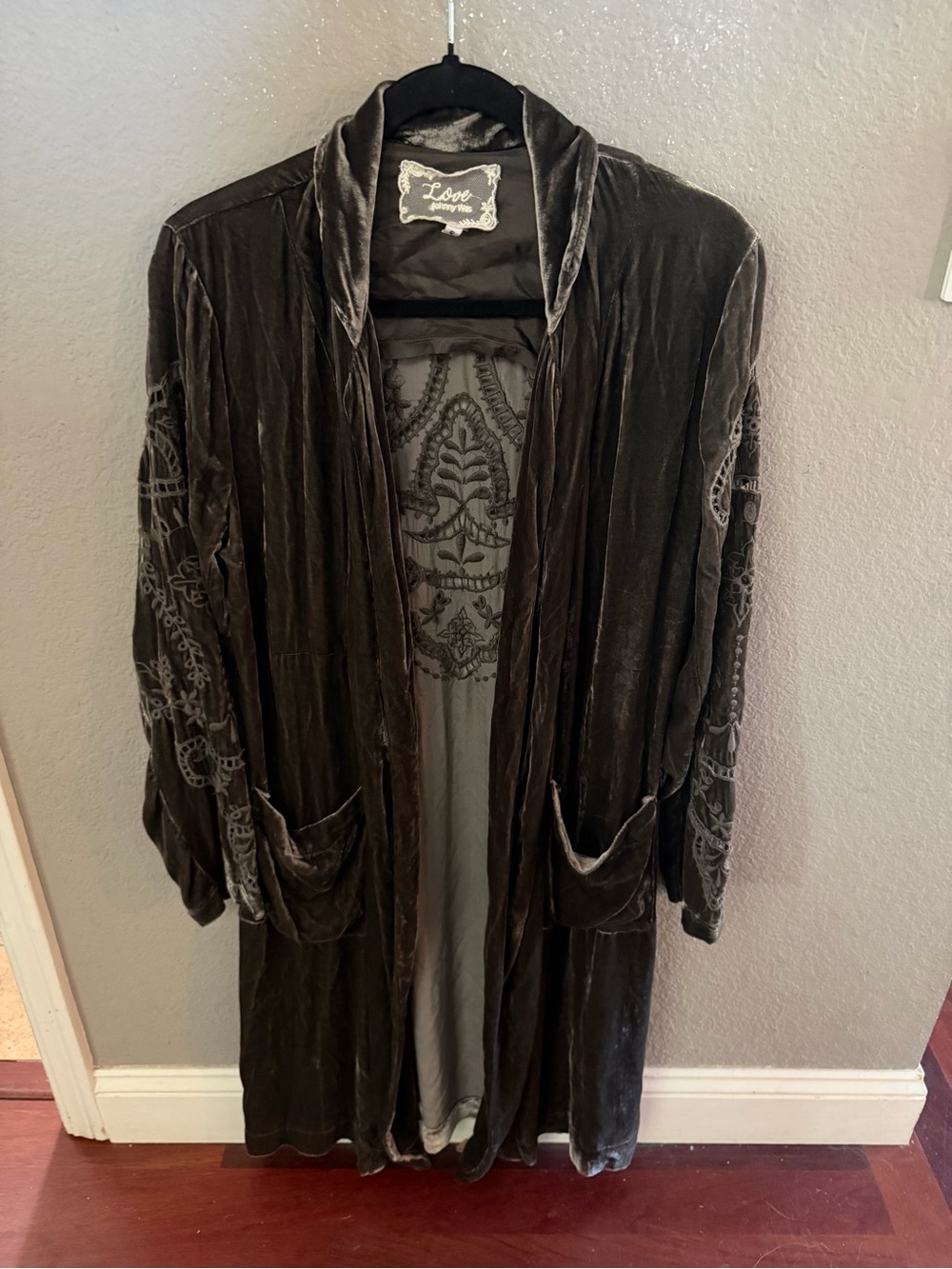 Johnny Was Love Velvet Duster Cardigan Embroidered Brown Silk Rayon Womens M